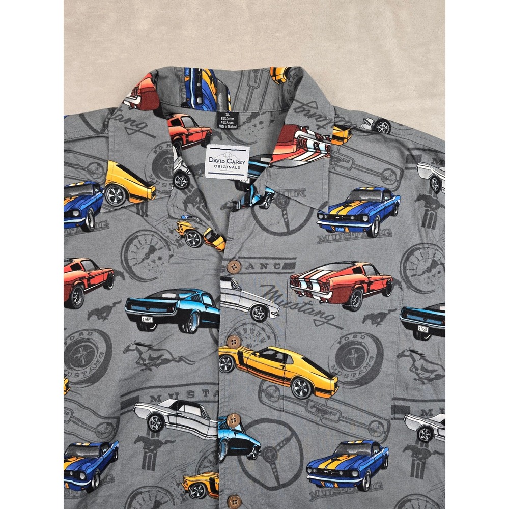 David Carey Ford Mustang Button Up Shirt Mens XL Gray Classic Muscle Car Print